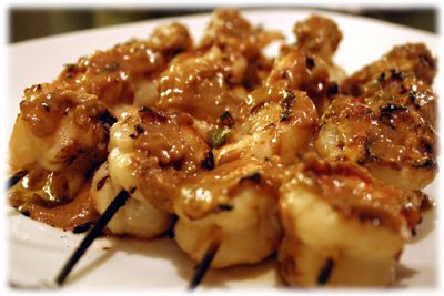 Thai marinated grilled shrimp skewers with peanut sauce